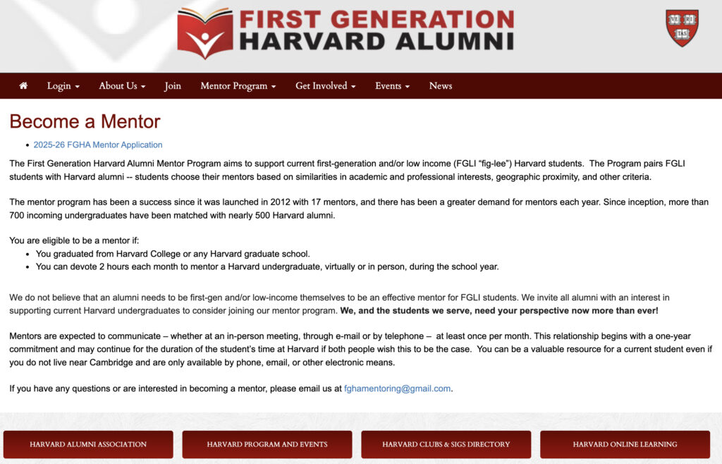 Harvard Alumni Association Mentoring Program 