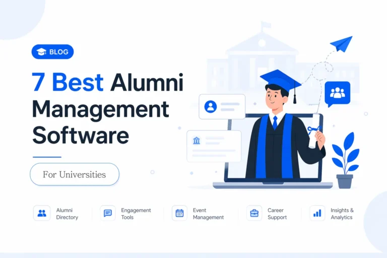 7-Best-Alumni-Management-Software-for-Universities-in-2026-blog's thumbnail image/ cover image: Showing a title text: "7 Best Alumni Management software for Universities" , a simple illustration of graduate university student, and some key features of alumni management software.