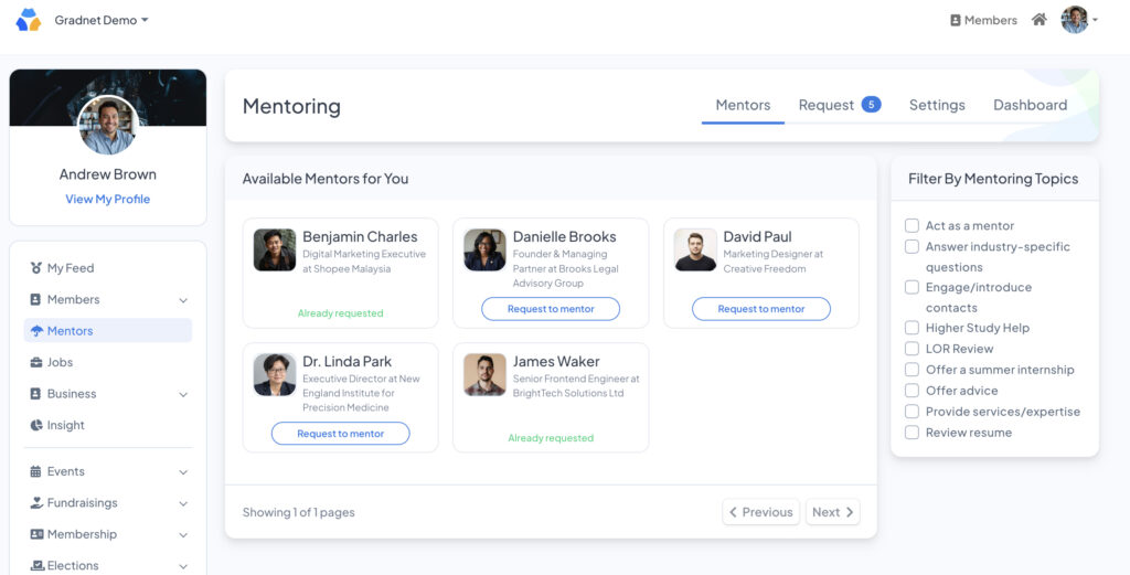 Gradnet Mentoring Page Interface
